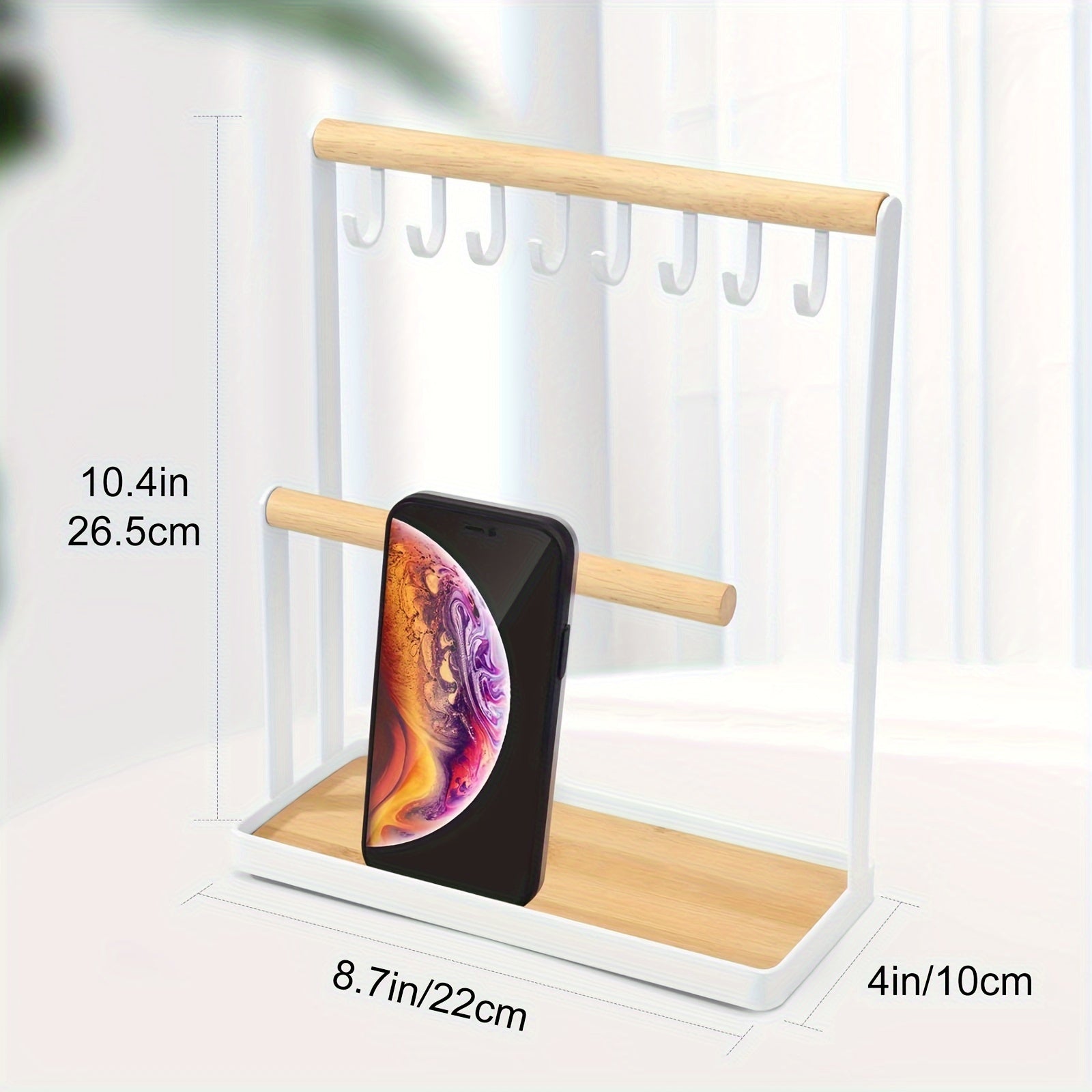 Multipurpose Wooden Jewelry Organizer - Metal Frame with Hooks