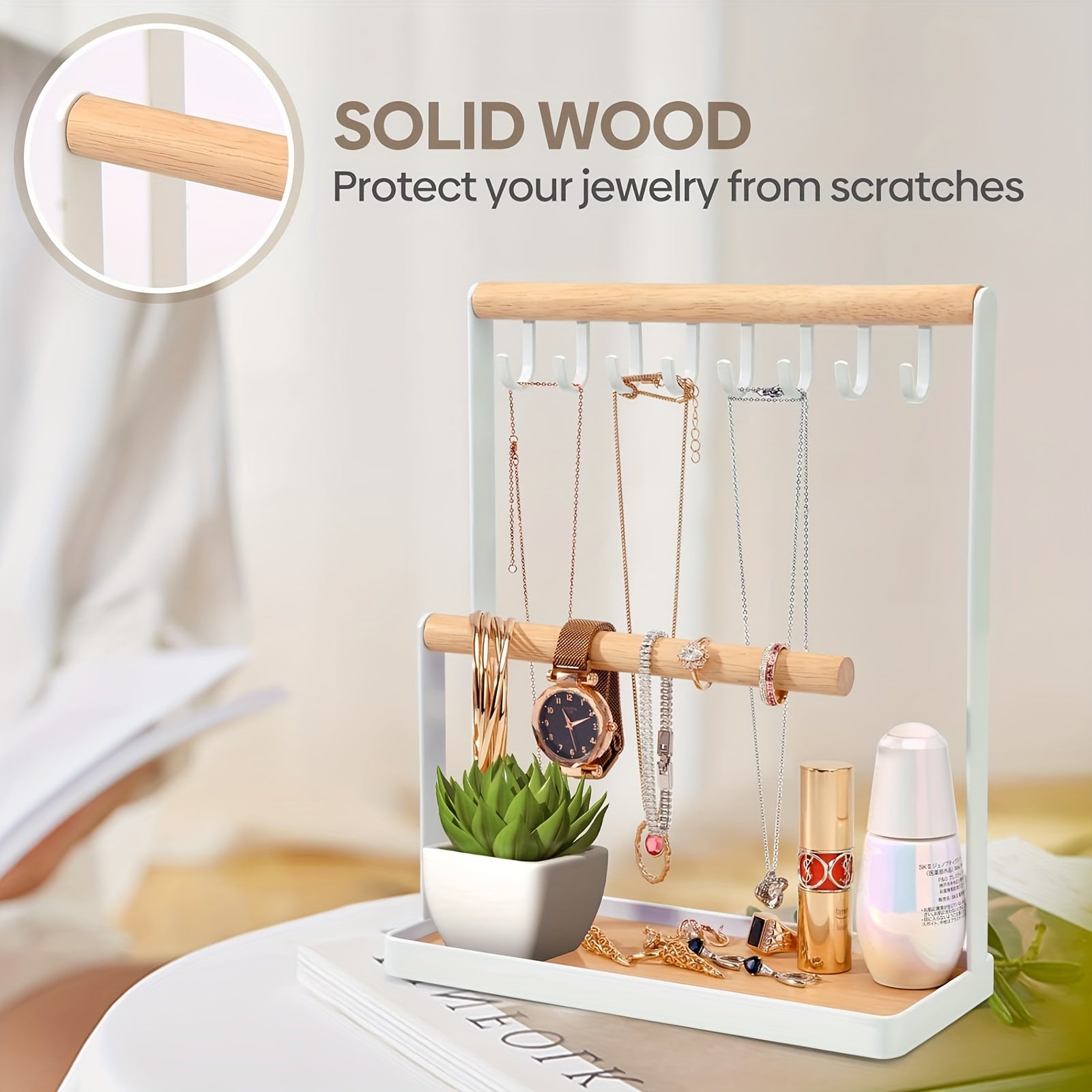 Multipurpose Wooden Jewelry Organizer - Metal Frame with Hooks