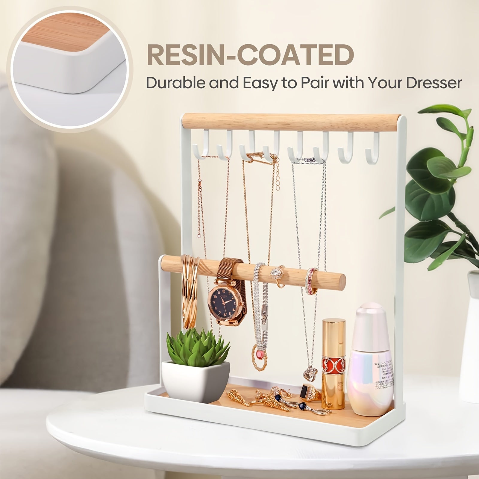 Multipurpose Wooden Jewelry Organizer - Metal Frame with Hooks