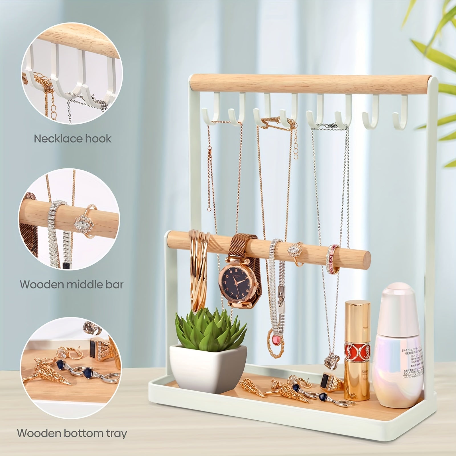 Multipurpose Wooden Jewelry Organizer - Metal Frame with Hooks