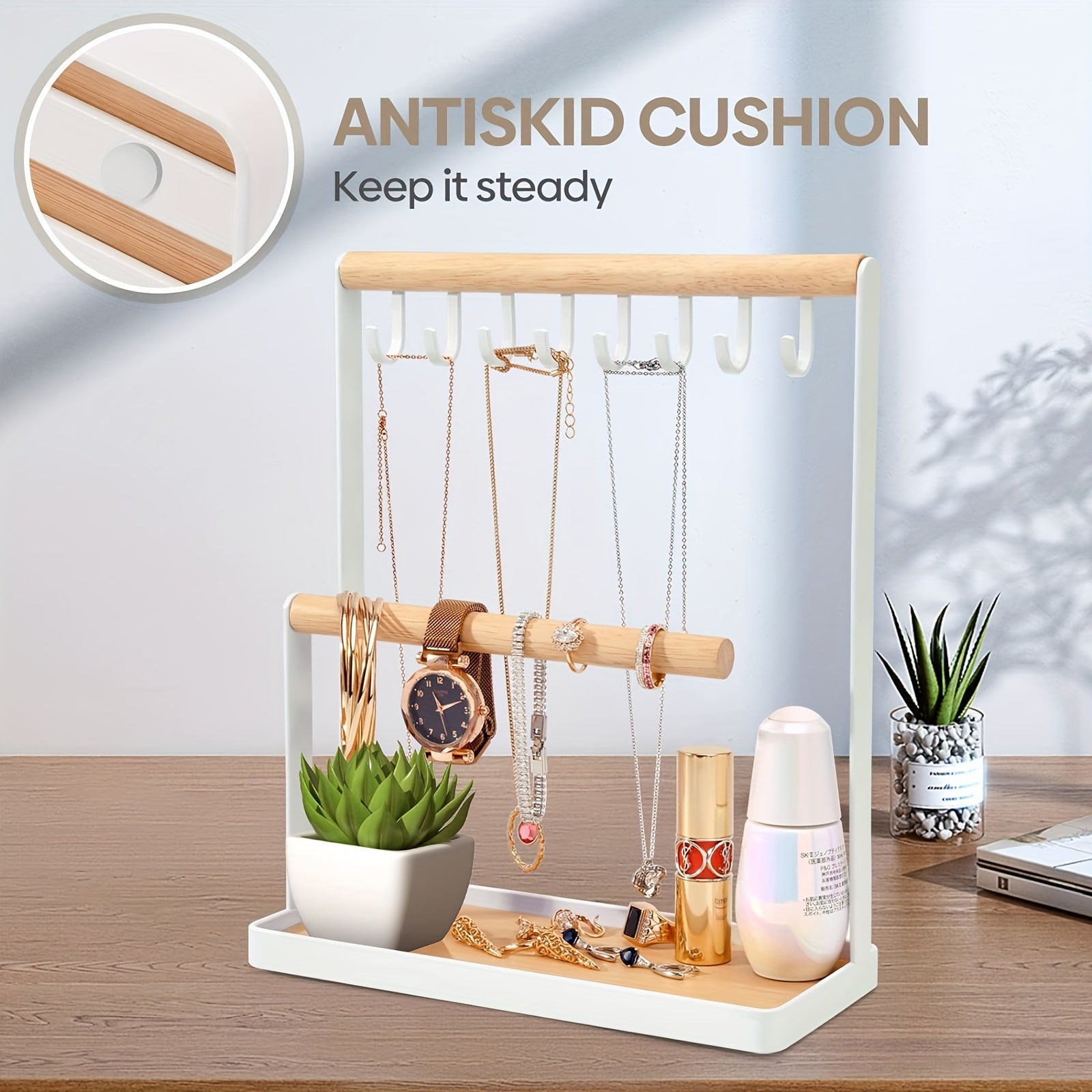 Multipurpose Wooden Jewelry Organizer - Metal Frame with Hooks