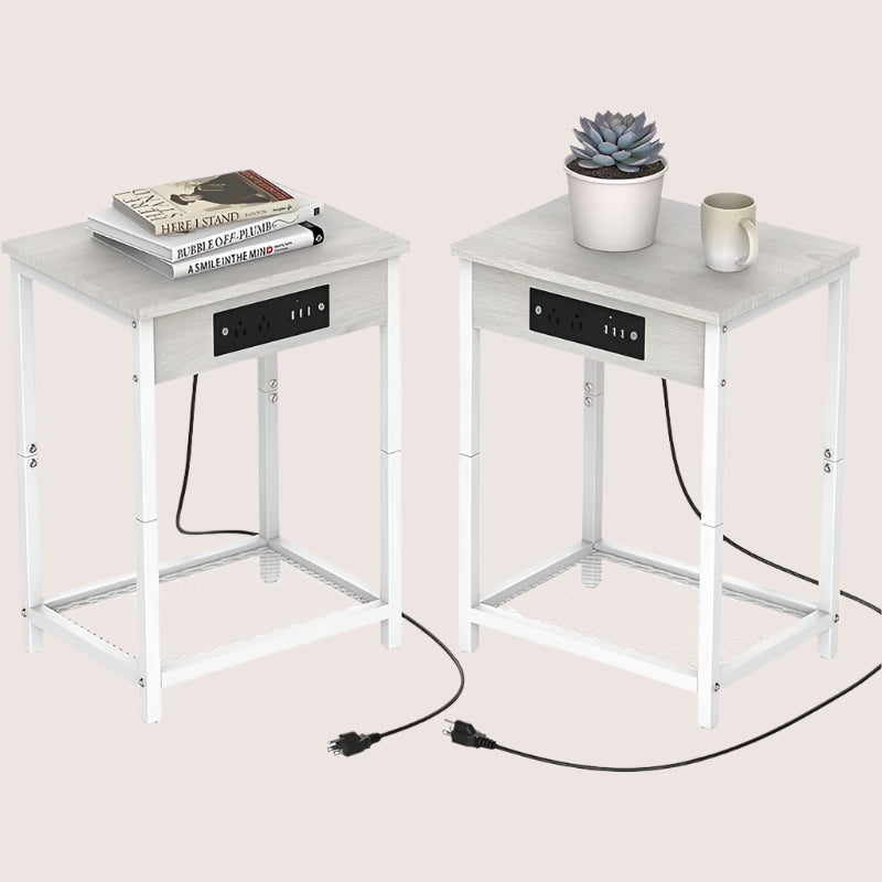 "Set of 2 Nightstands with Charging Station - Bedside Table with USB Ports & Storage Shelf"