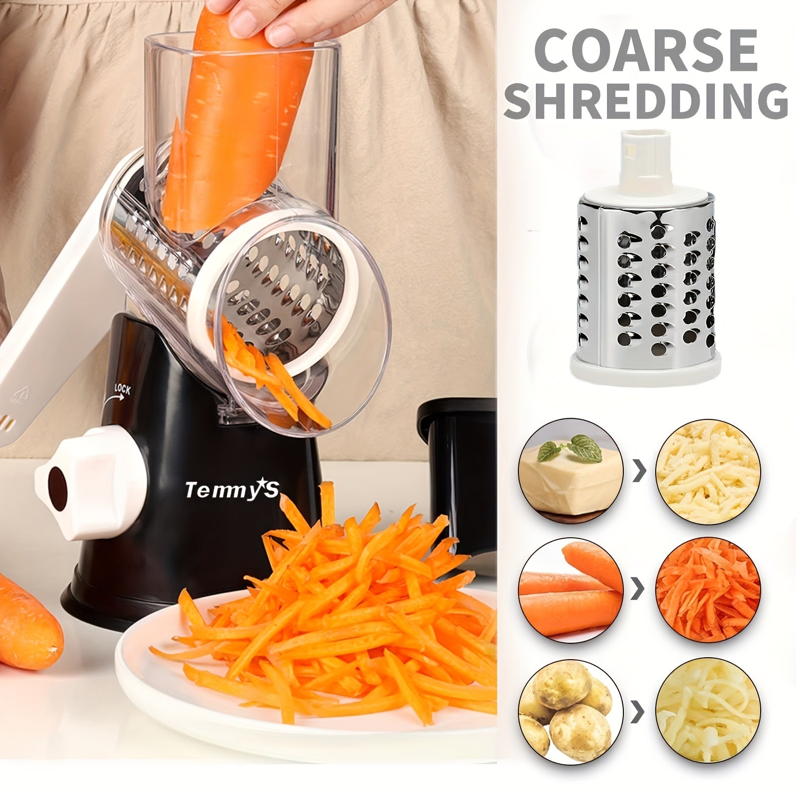 Easy-Clean Rotary Cheese Grater & Vegetable Shredder