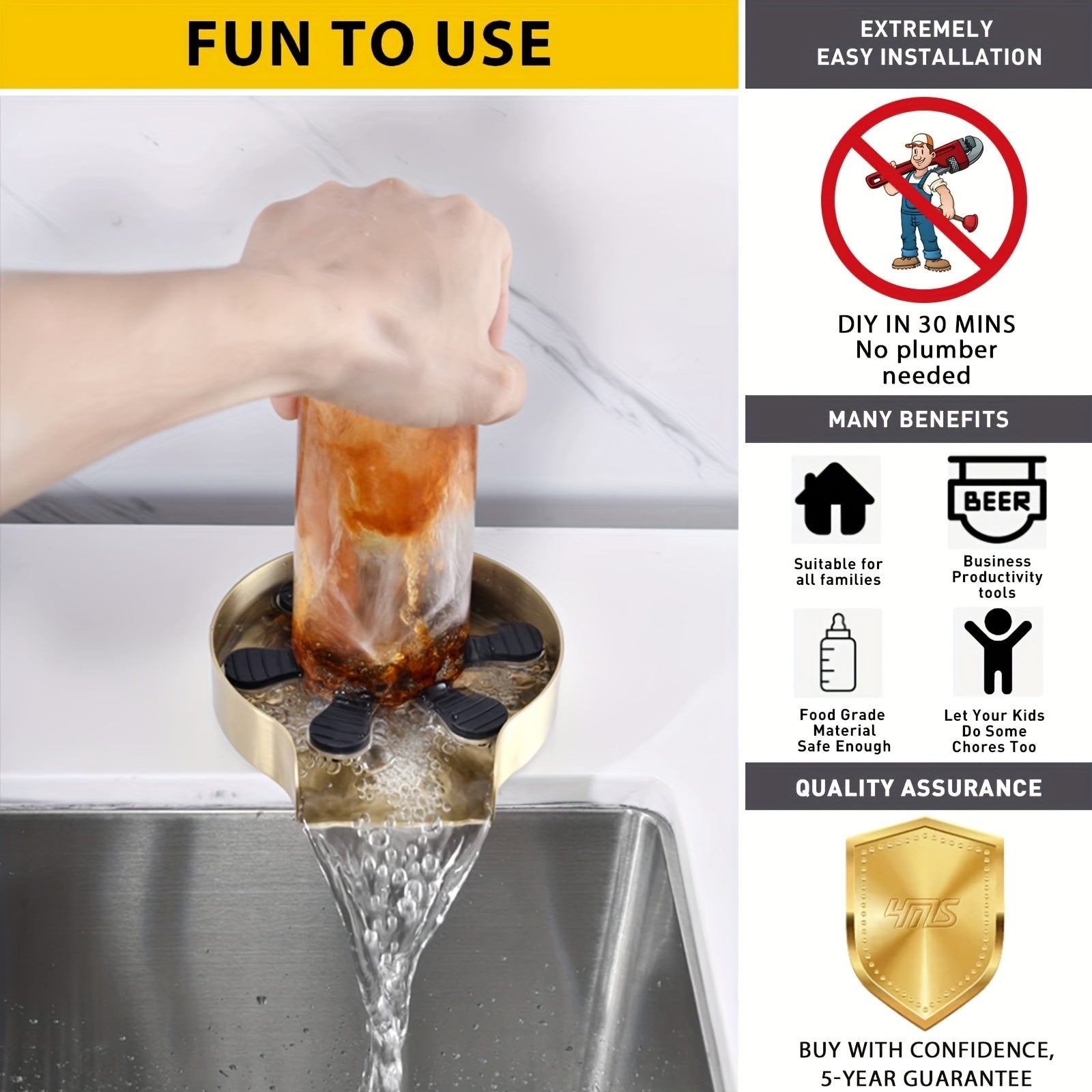 Glass Rinser Cup Washer - Heavy Duty Stainless Steel for Kitchen Sink