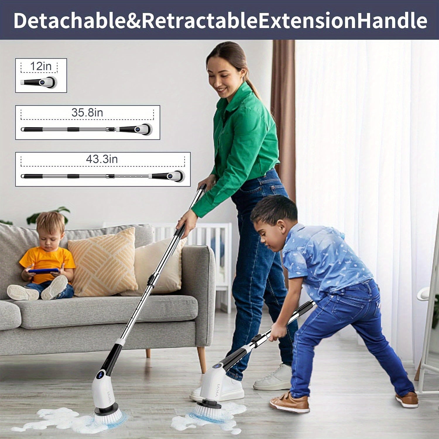 Electric Spin Scrubber – Cordless Shower Cleaning Brush with 8 Heads, 3 Speeds, Adjustable Handle, Voice Broadcast