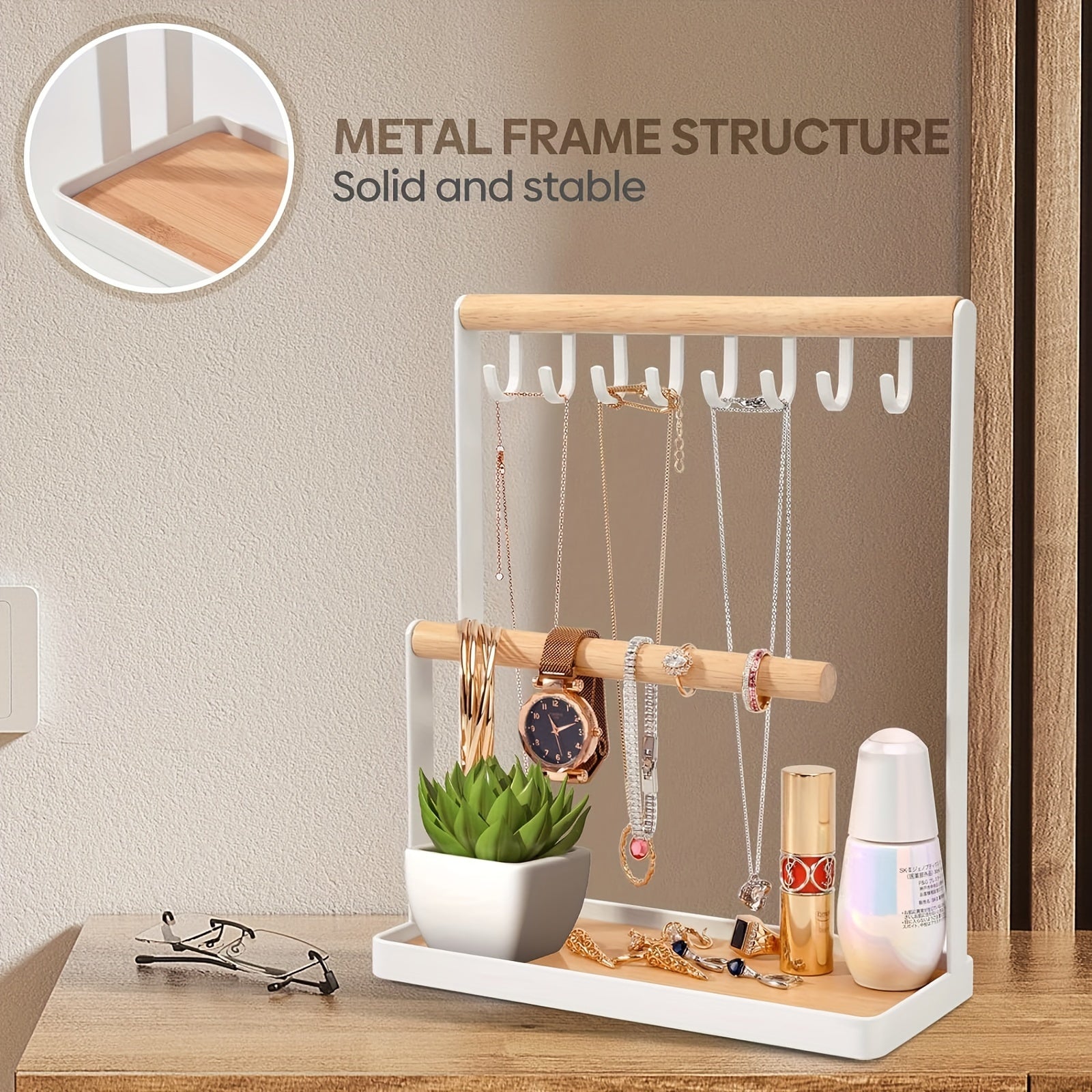 Multipurpose Wooden Jewelry Organizer - Metal Frame with Hooks