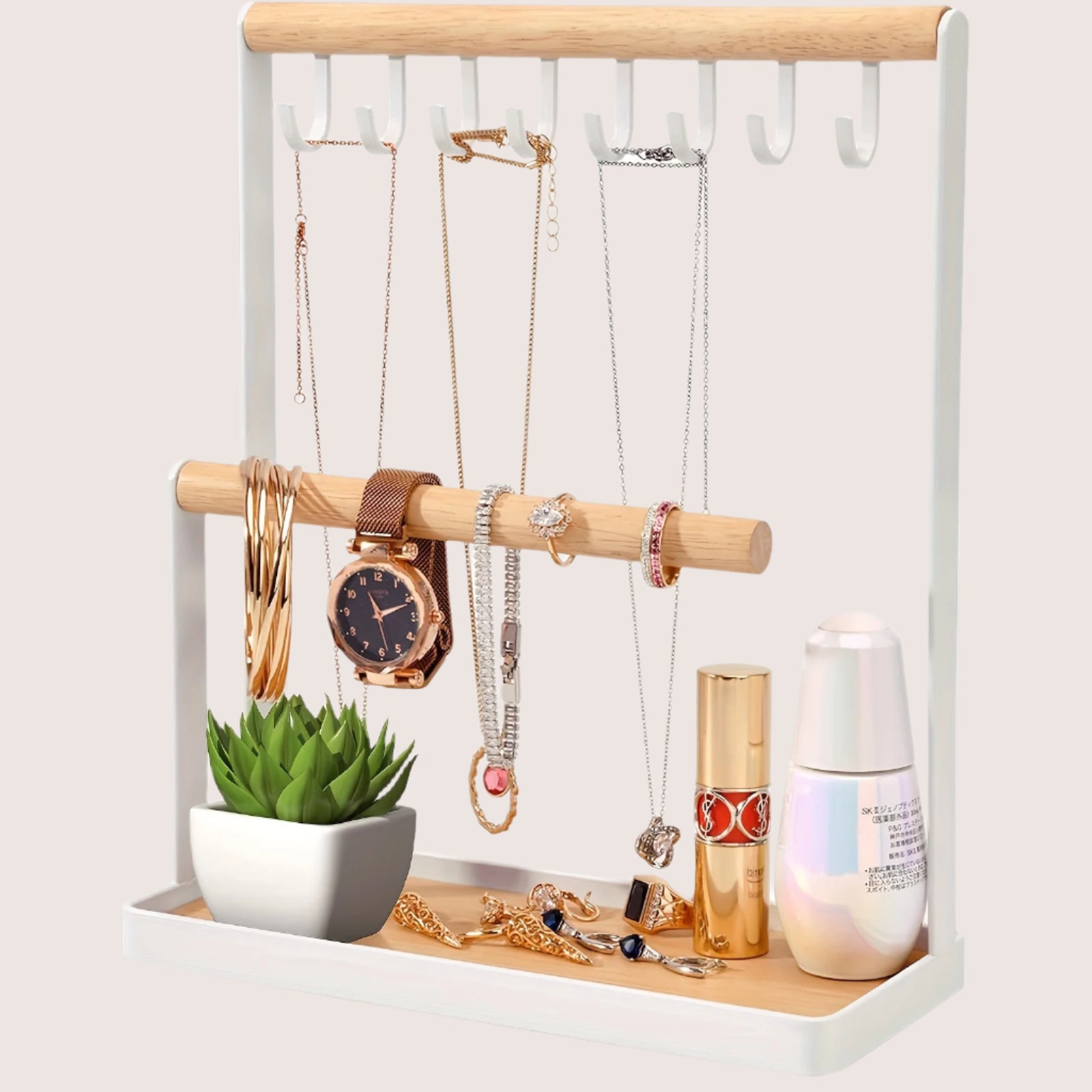 Multipurpose Wooden Jewelry Organizer - Metal Frame with Hooks