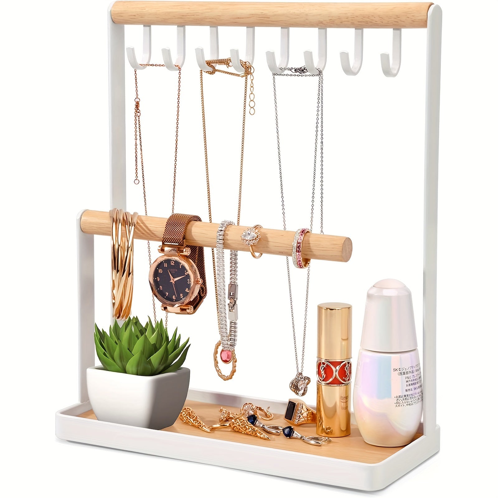 Multipurpose Wooden Jewelry Organizer - Metal Frame with Hooks