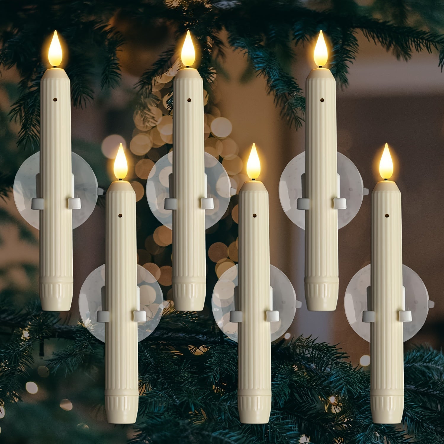 6PCS Dusk to Dawn Window Candles with Sensor - Ivory LED Flameless Taper Candlesticks