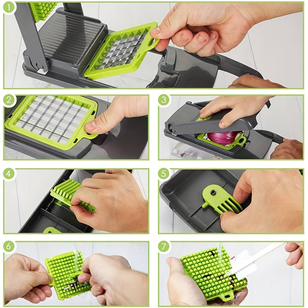 16PCS Vegetable Slicer & Chopper - Interchangeable Blades for Easy Cutting