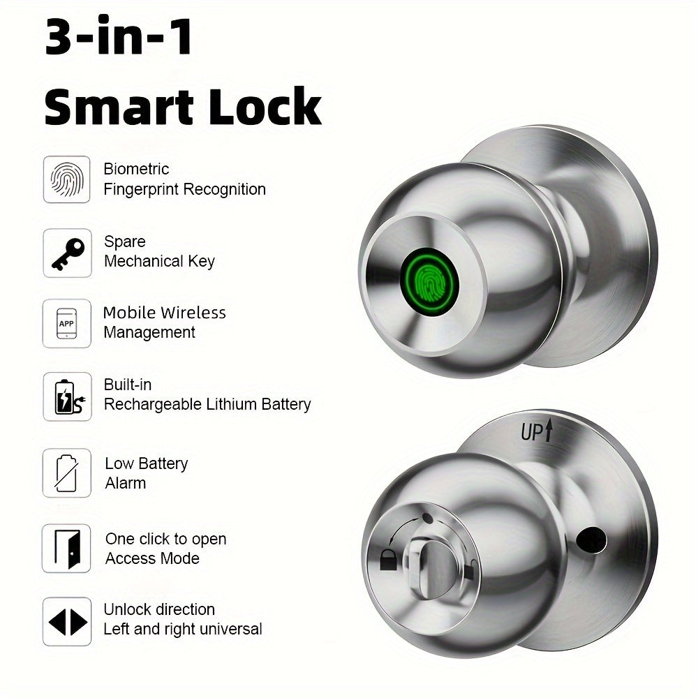 3-in-1 Smart Door Lock - Wireless Fingerprint Knob with USB Charging & Key Access