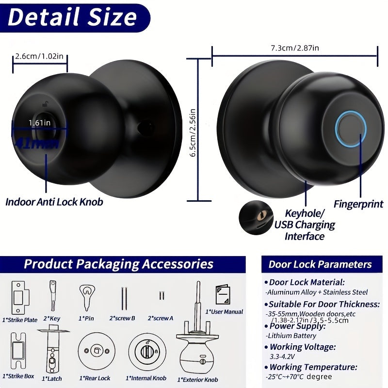 3-in-1 Smart Door Lock - Wireless Fingerprint Knob with USB Charging & Key Access