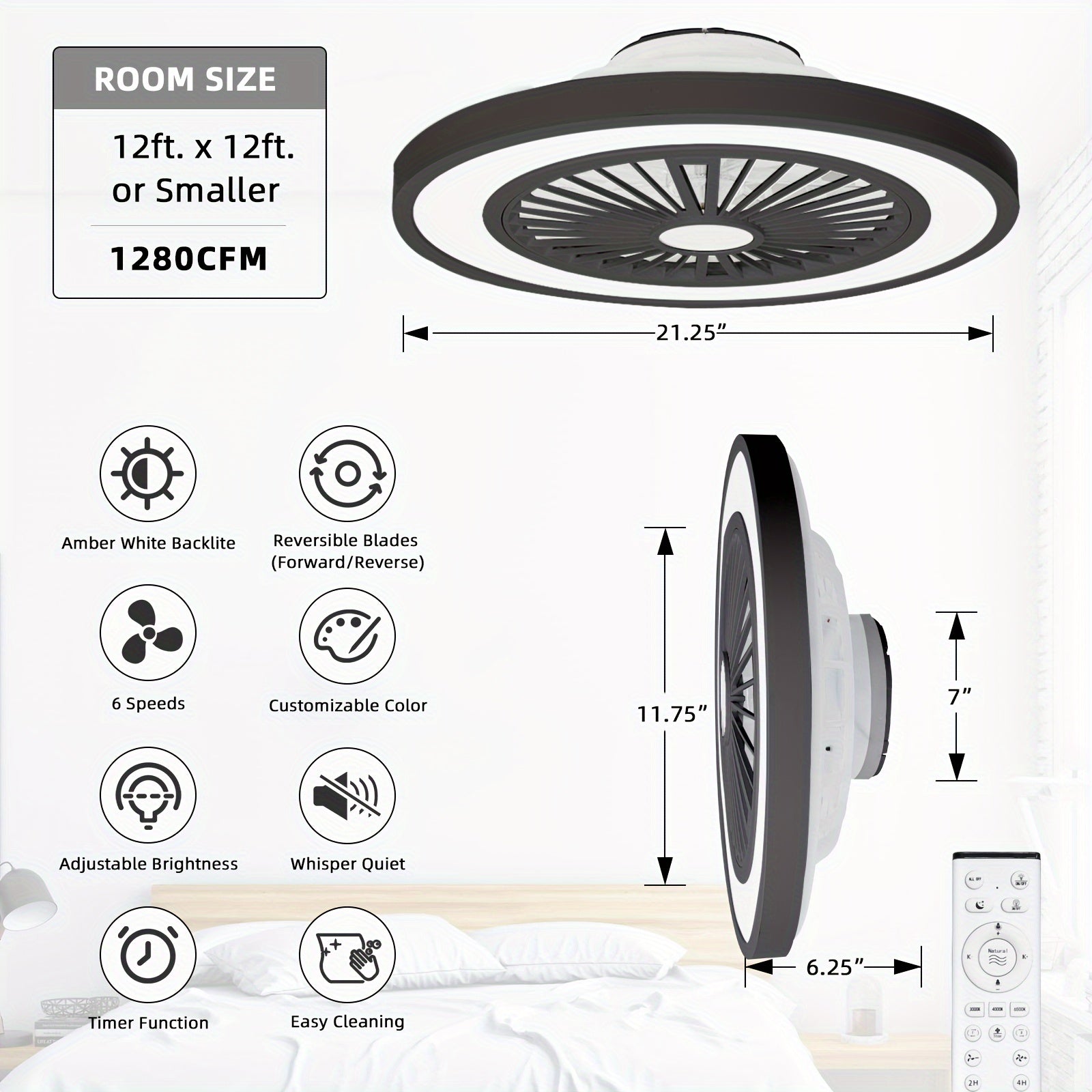 Ceiling Fan with Lights & Remote - Stepless Dimmable, DC Motor