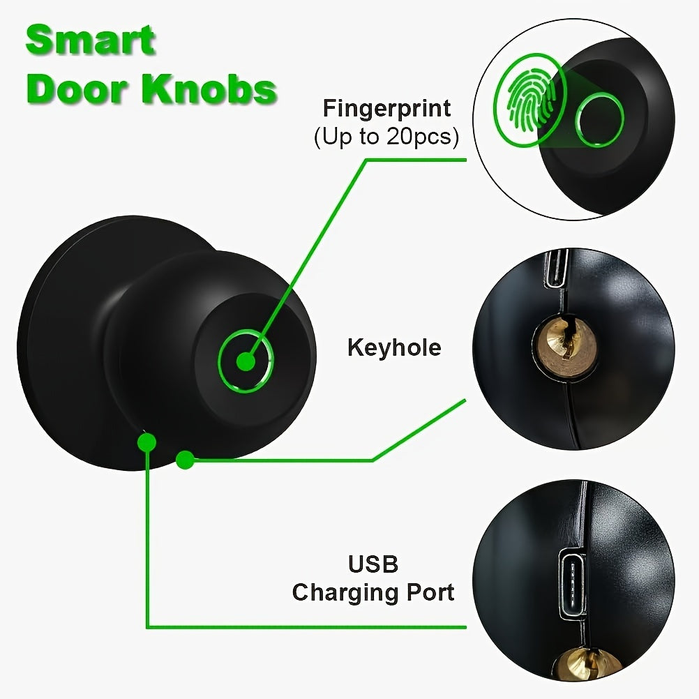 3-in-1 Smart Door Lock - Wireless Fingerprint Knob with USB Charging & Key Access
