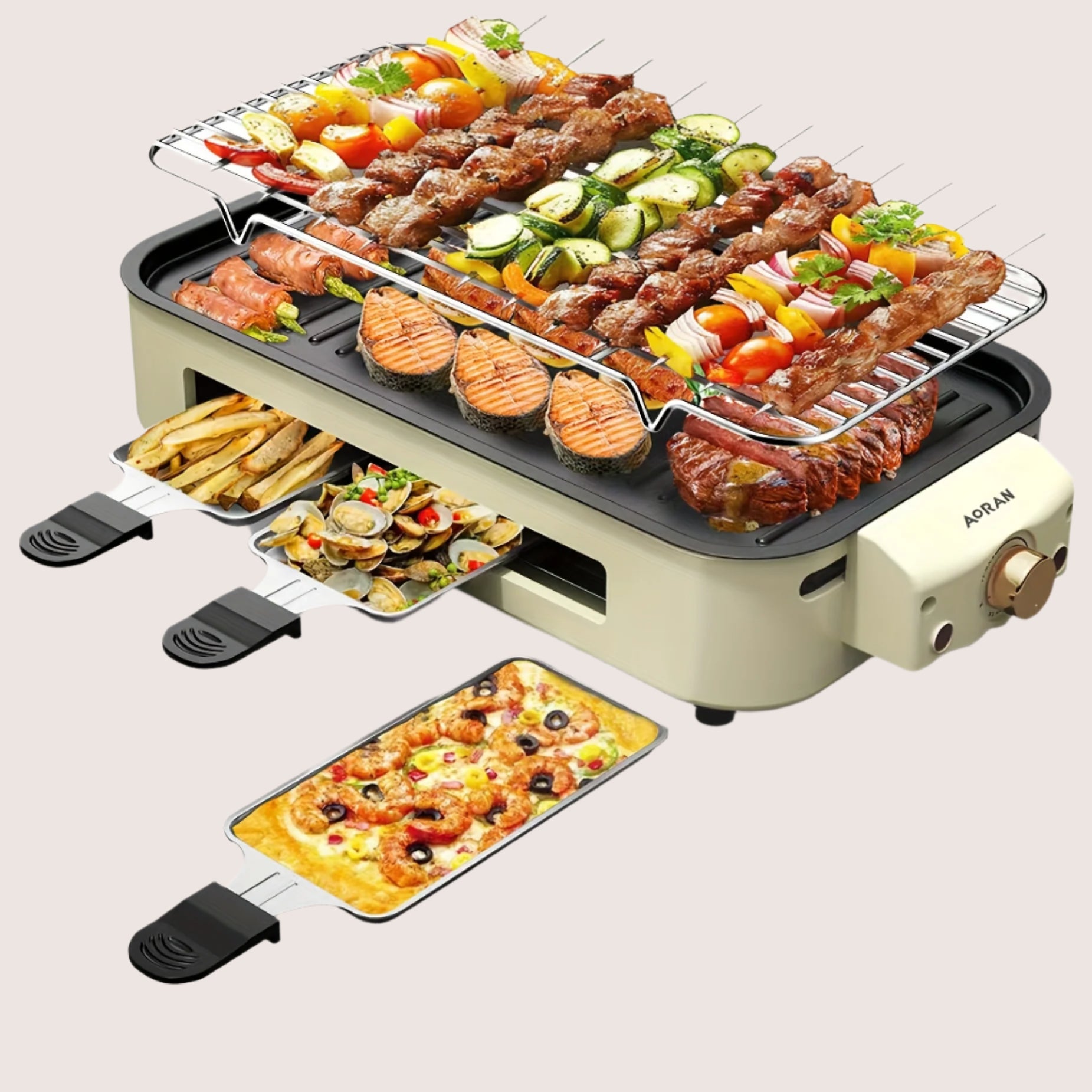 Electric Grill with 3 Pots - Non-Stick BBQ Mesh Surface