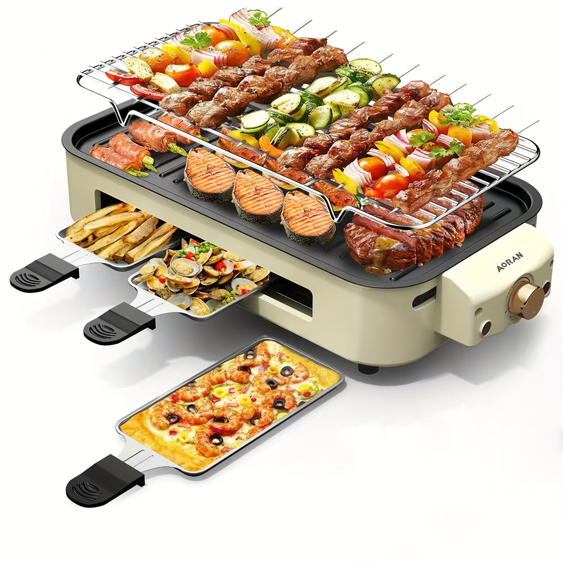 Electric Grill with 3 Pots - Non-Stick BBQ Mesh Surface