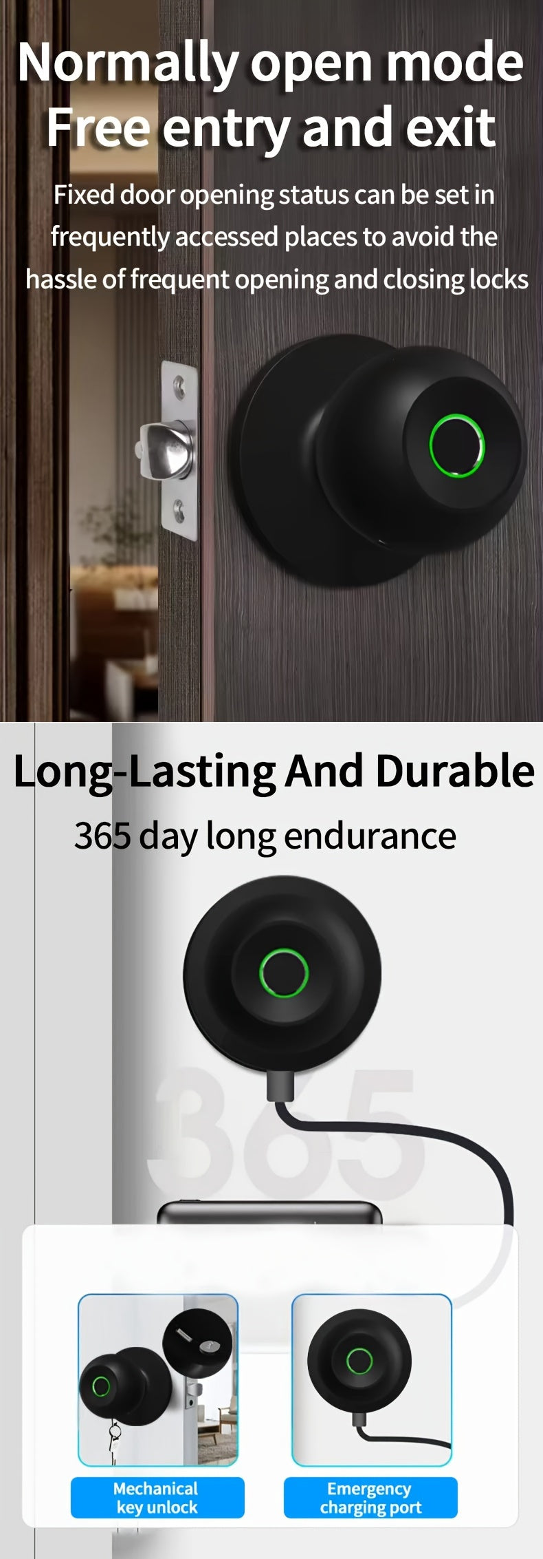 3-in-1 Smart Door Lock - Wireless Fingerprint Knob with USB Charging & Key Access