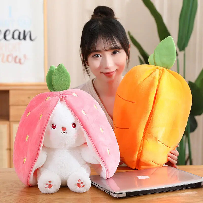 Cute Bunny Plush Doll - Reversible Strawberry Design for Kids Gift
