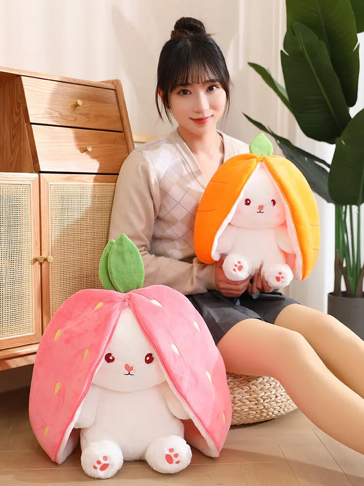 Cute Bunny Plush Doll - Reversible Strawberry Design for Kids Gift