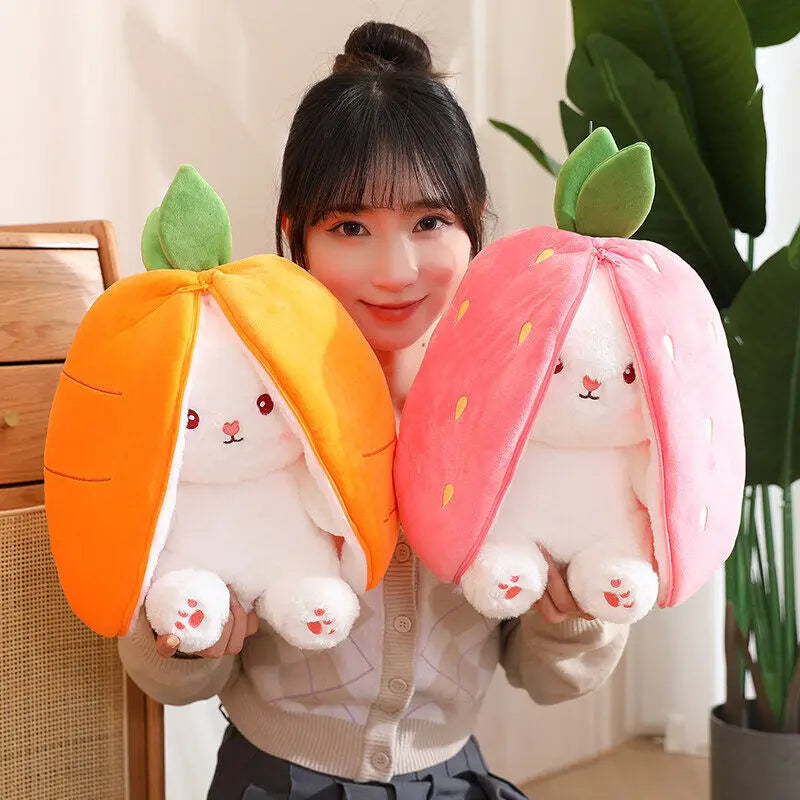 Cute Bunny Plush Doll - Reversible Strawberry Design for Kids Gift