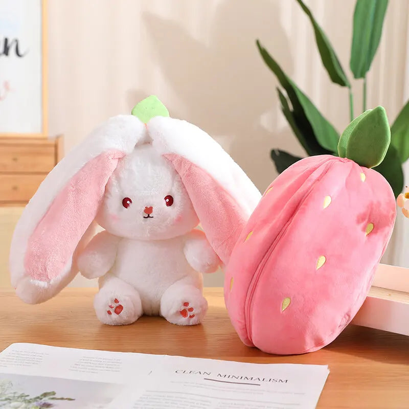 Cute Bunny Plush Doll - Reversible Strawberry Design for Kids Gift