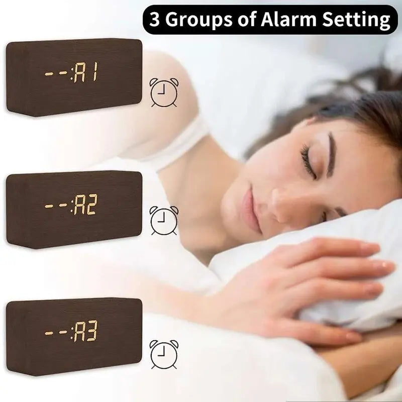Digital Wooden Table Clock - Alarm & Temperature Display