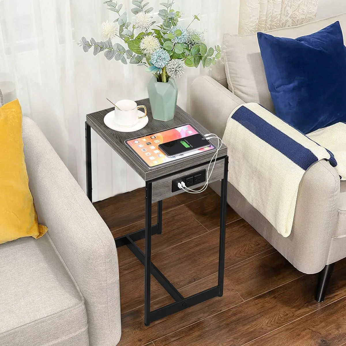 "Set of 2 Nightstands with Charging Station - Bedside Table with USB Ports & Storage Shelf"