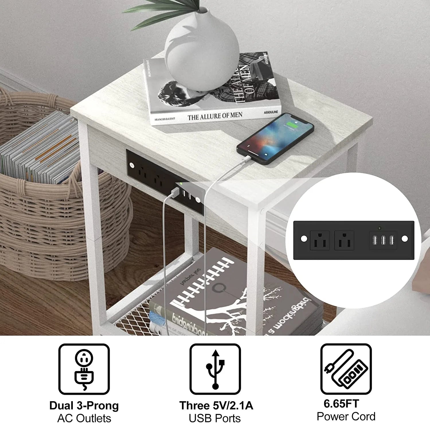"Set of 2 Nightstands with Charging Station - Bedside Table with USB Ports & Storage Shelf"