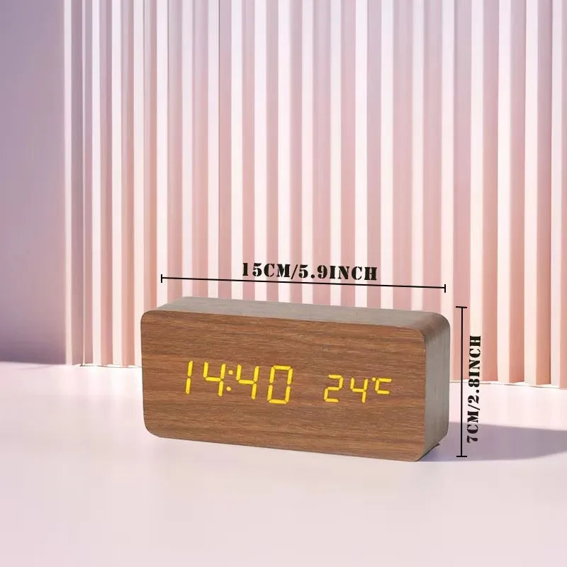 Digital Wooden Table Clock - Alarm & Temperature Display