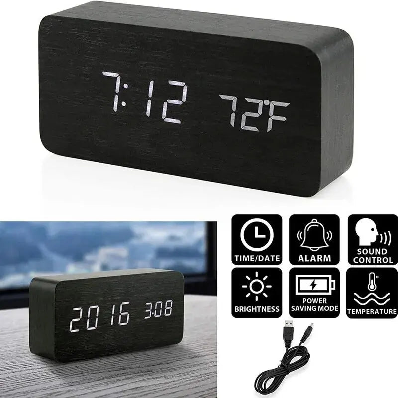 Digital Wooden Table Clock - Alarm & Temperature Display