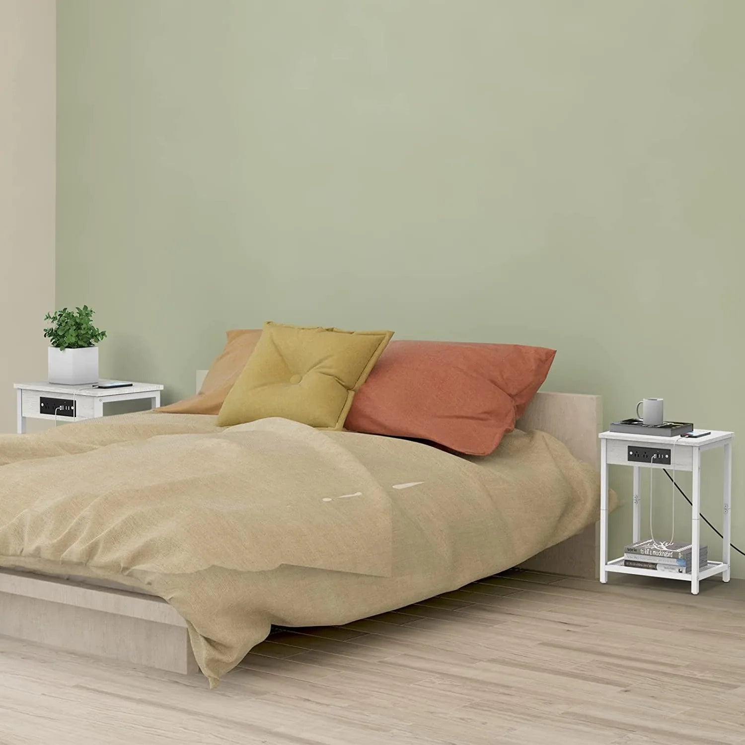 "Set of 2 Nightstands with Charging Station - Bedside Table with USB Ports & Storage Shelf"