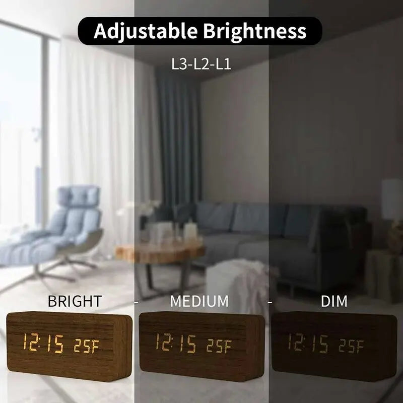 Digital Wooden Table Clock - Alarm & Temperature Display