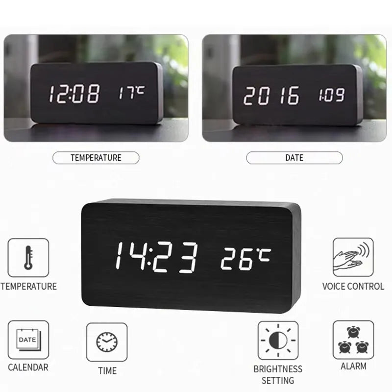 Digital Wooden Table Clock - Alarm & Temperature Display