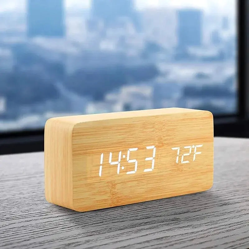 Digital Wooden Table Clock - Alarm & Temperature Display