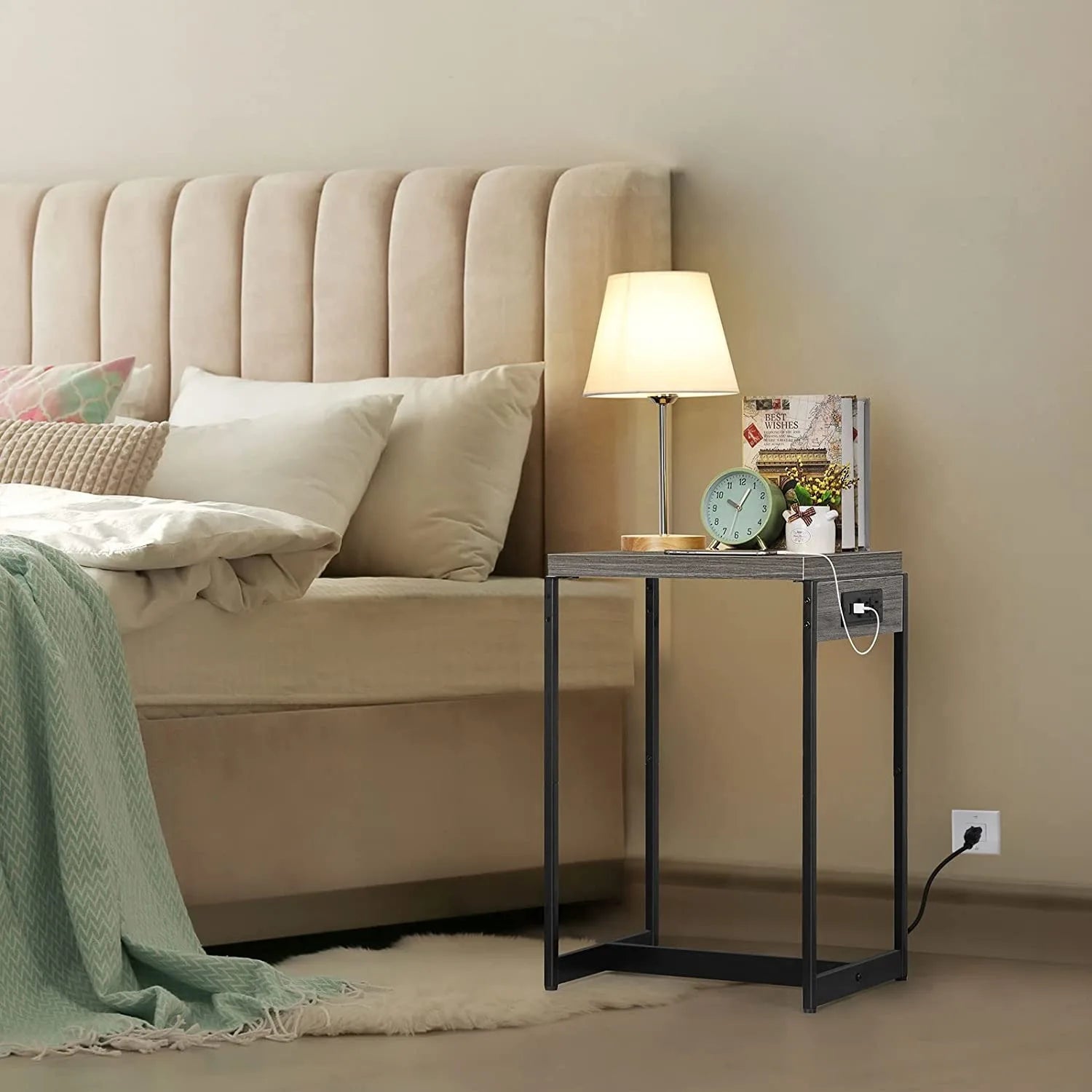 "Set of 2 Nightstands with Charging Station - Bedside Table with USB Ports & Storage Shelf"