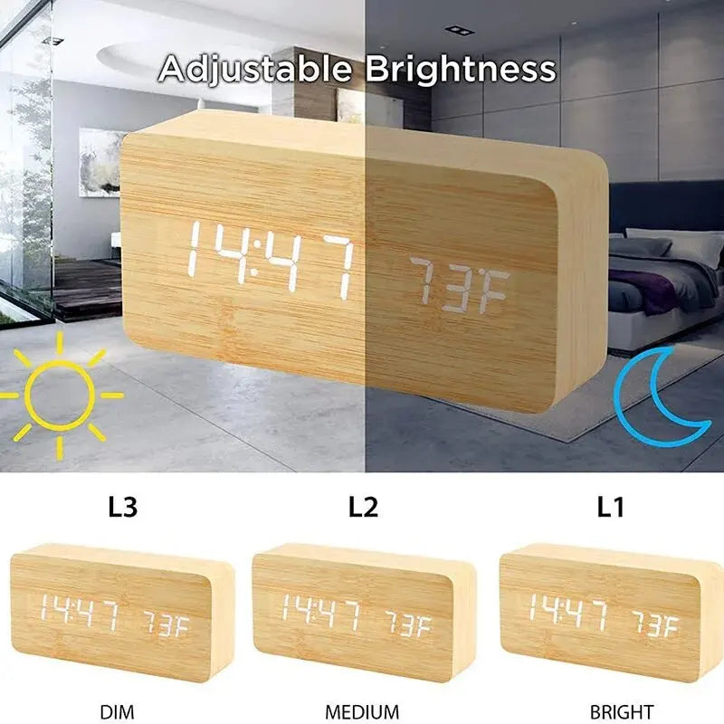 Digital Wooden Table Clock - Alarm & Temperature Display