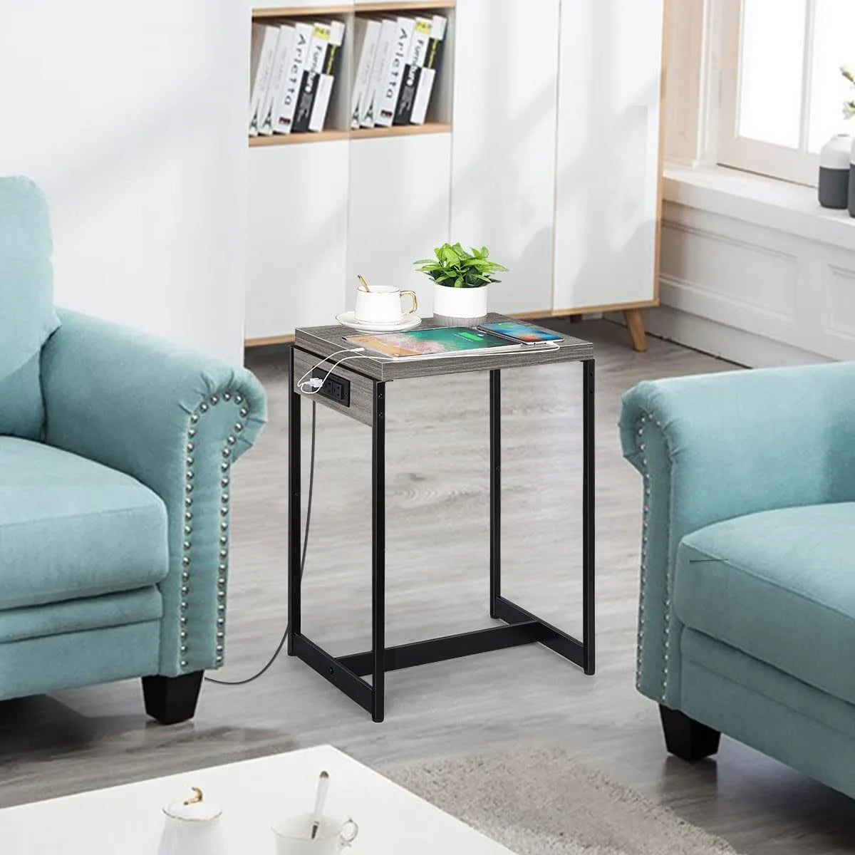 "Set of 2 Nightstands with Charging Station - Bedside Table with USB Ports & Storage Shelf"