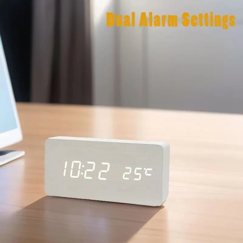 Digital Wooden Table Clock - Alarm & Temperature Display