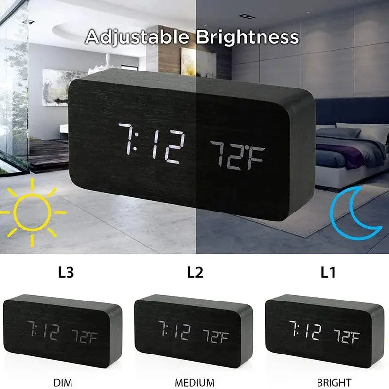 Digital Wooden Table Clock - Alarm & Temperature Display