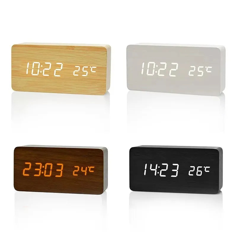 Digital Wooden Table Clock - Alarm & Temperature Display