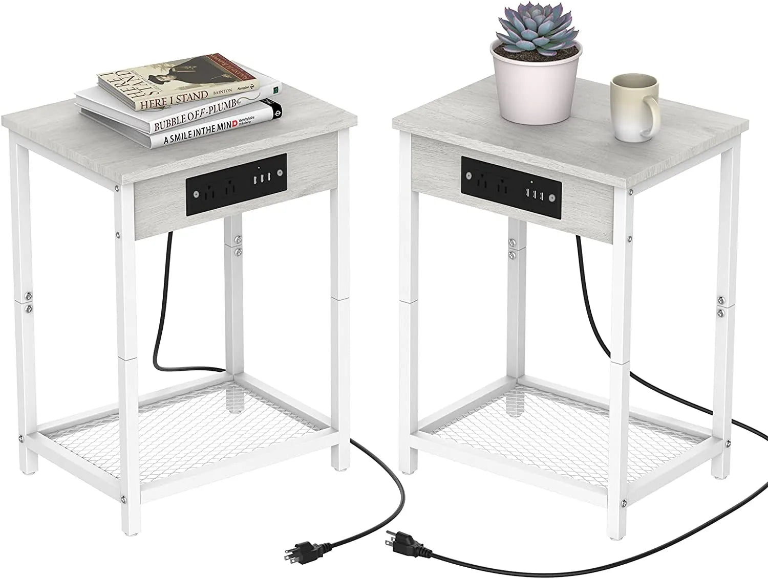 "Set of 2 Nightstands with Charging Station - Bedside Table with USB Ports & Storage Shelf"