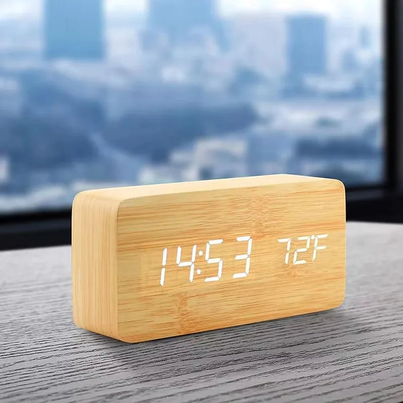 Digital Wooden Table Clock - Alarm & Temperature Display