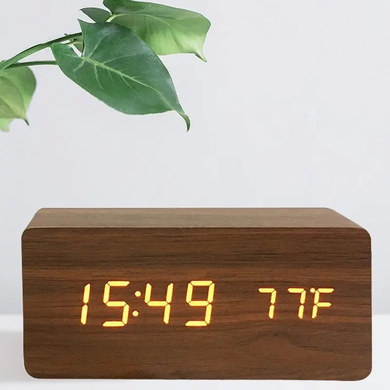 Digital Wooden Table Clock - Alarm & Temperature Display