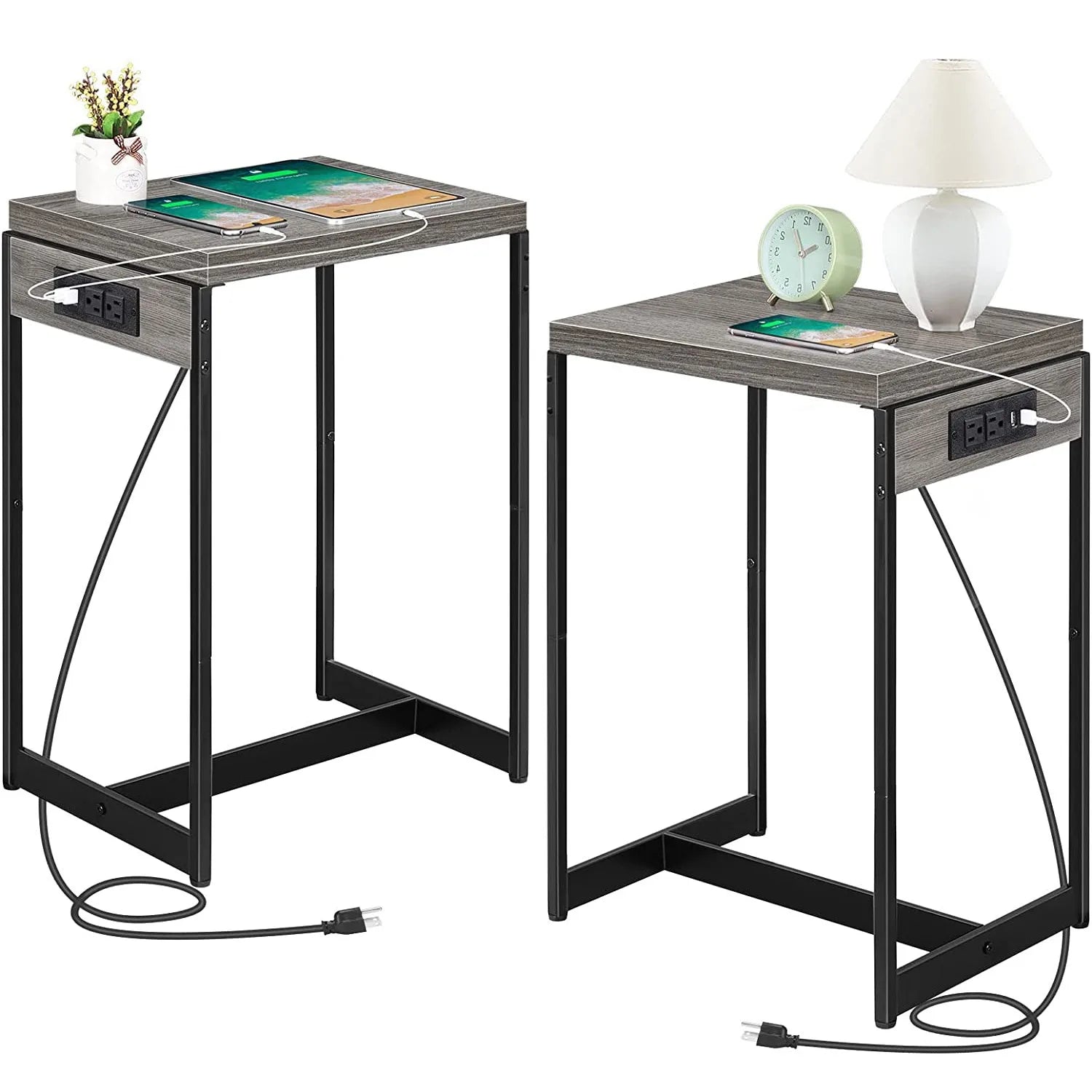 "Set of 2 Nightstands with Charging Station - Bedside Table with USB Ports & Storage Shelf"