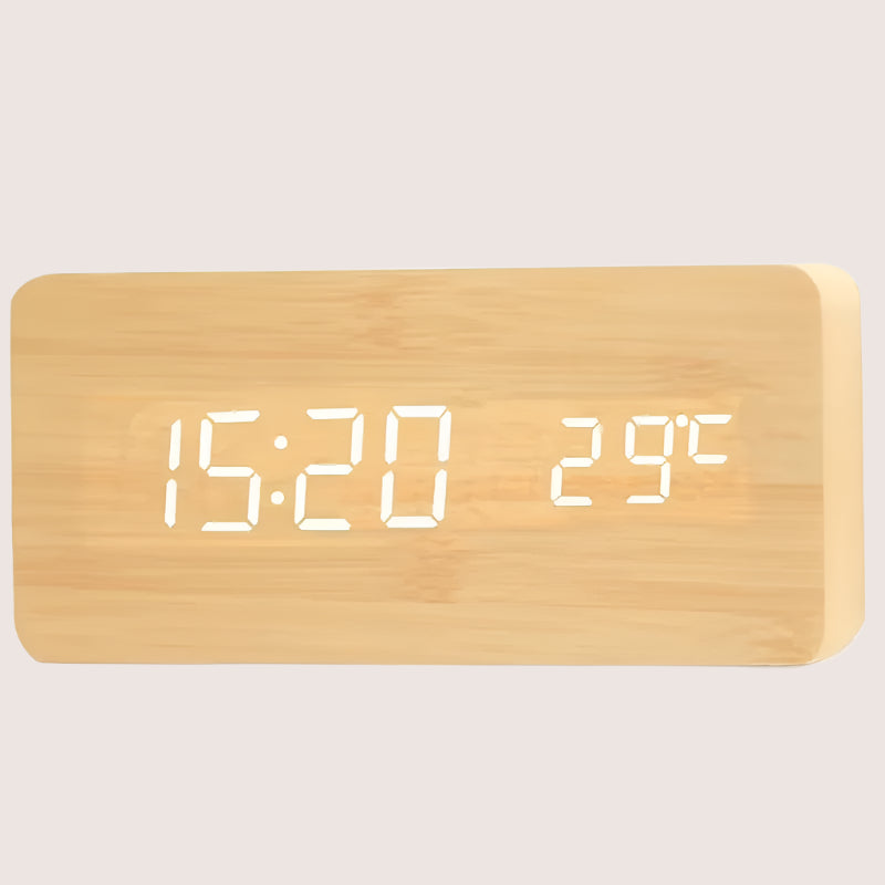 Digital Wooden Table Clock - Alarm & Temperature Display