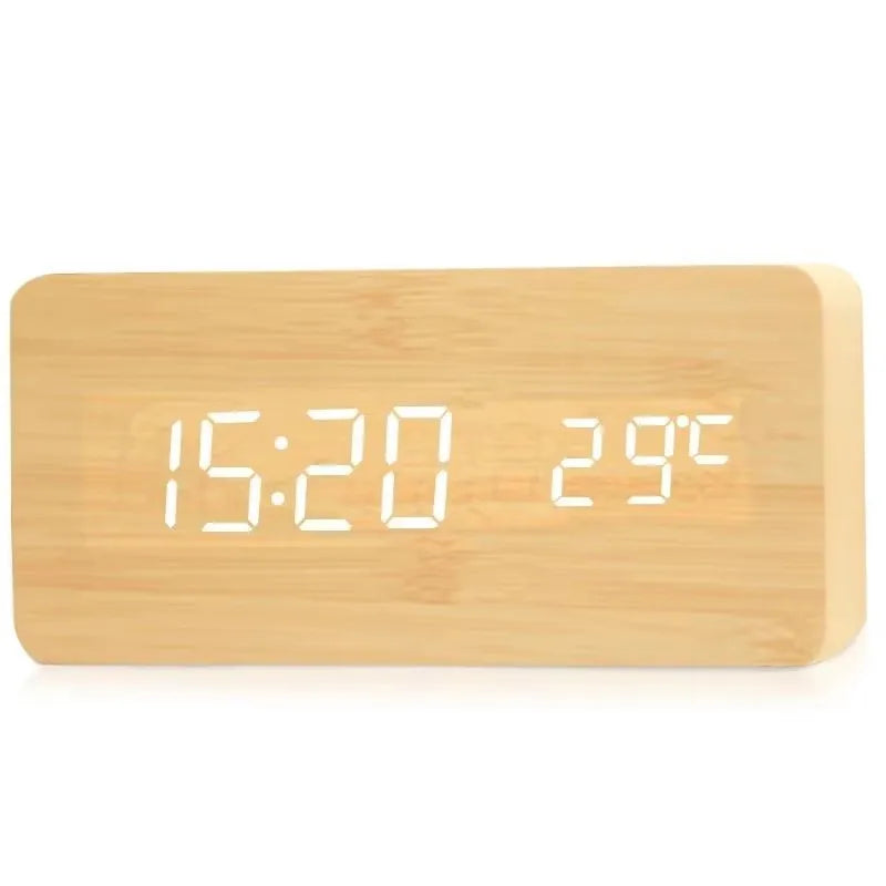 Digital Wooden Table Clock - Alarm & Temperature Display