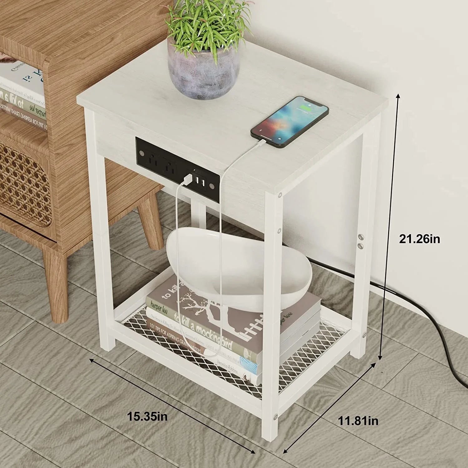 "Set of 2 Nightstands with Charging Station - Bedside Table with USB Ports & Storage Shelf"