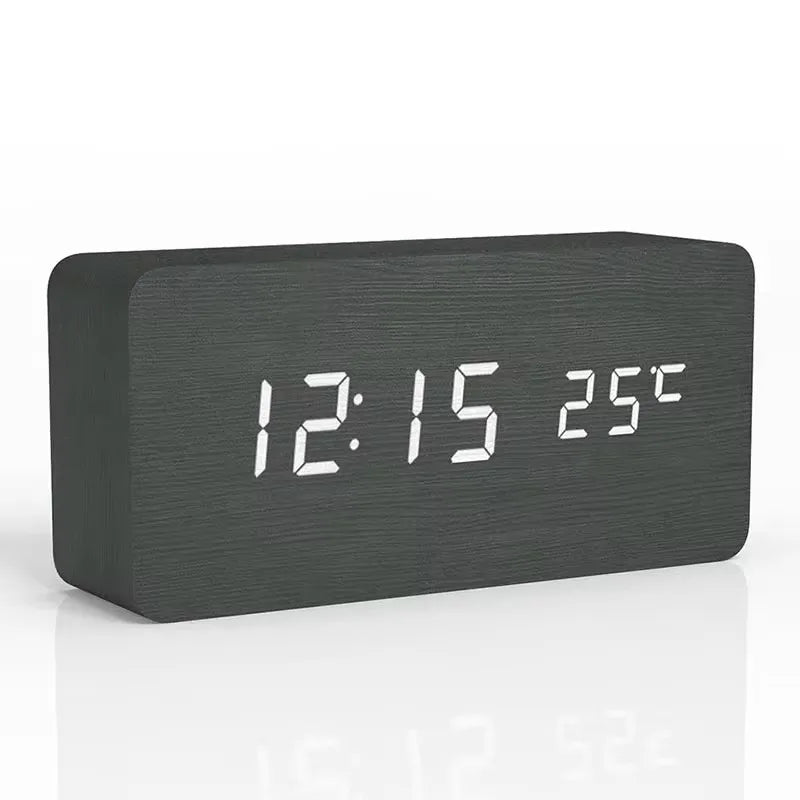 Digital Wooden Table Clock - Alarm & Temperature Display