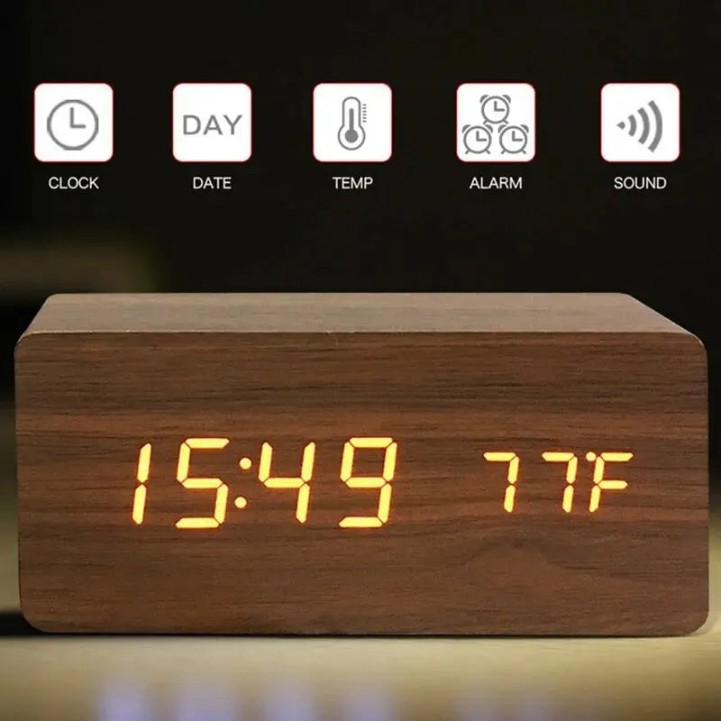 Digital Wooden Table Clock - Alarm & Temperature Display