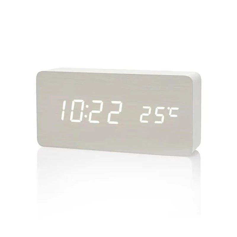 Digital Wooden Table Clock - Alarm & Temperature Display